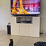 Maya participe au concours pour gagner de l'argent avec cette photo : kitten, cat, television, tv_stand, books, tile_floor, living_room, plant, electronics, cable, white_furniture, small_pet, indoor, screen, entertainment, blurred_image, floor, cozy, watching, pet
