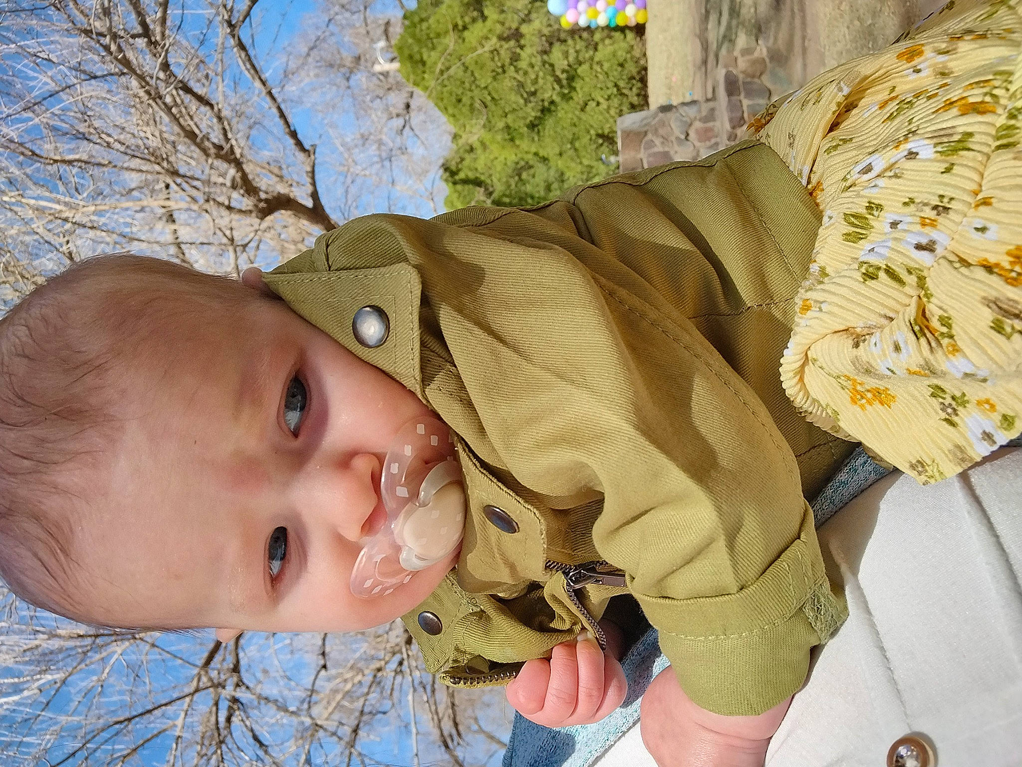 Madelyn joined the competition — help win amazing prizes! baby, baby_products, baby_toddler_clothing, cheek, child, grass, happy, linens, pattern, people_in_nature, person, plant, sky, sleeve, smile, toddler, tree, twig, wood
