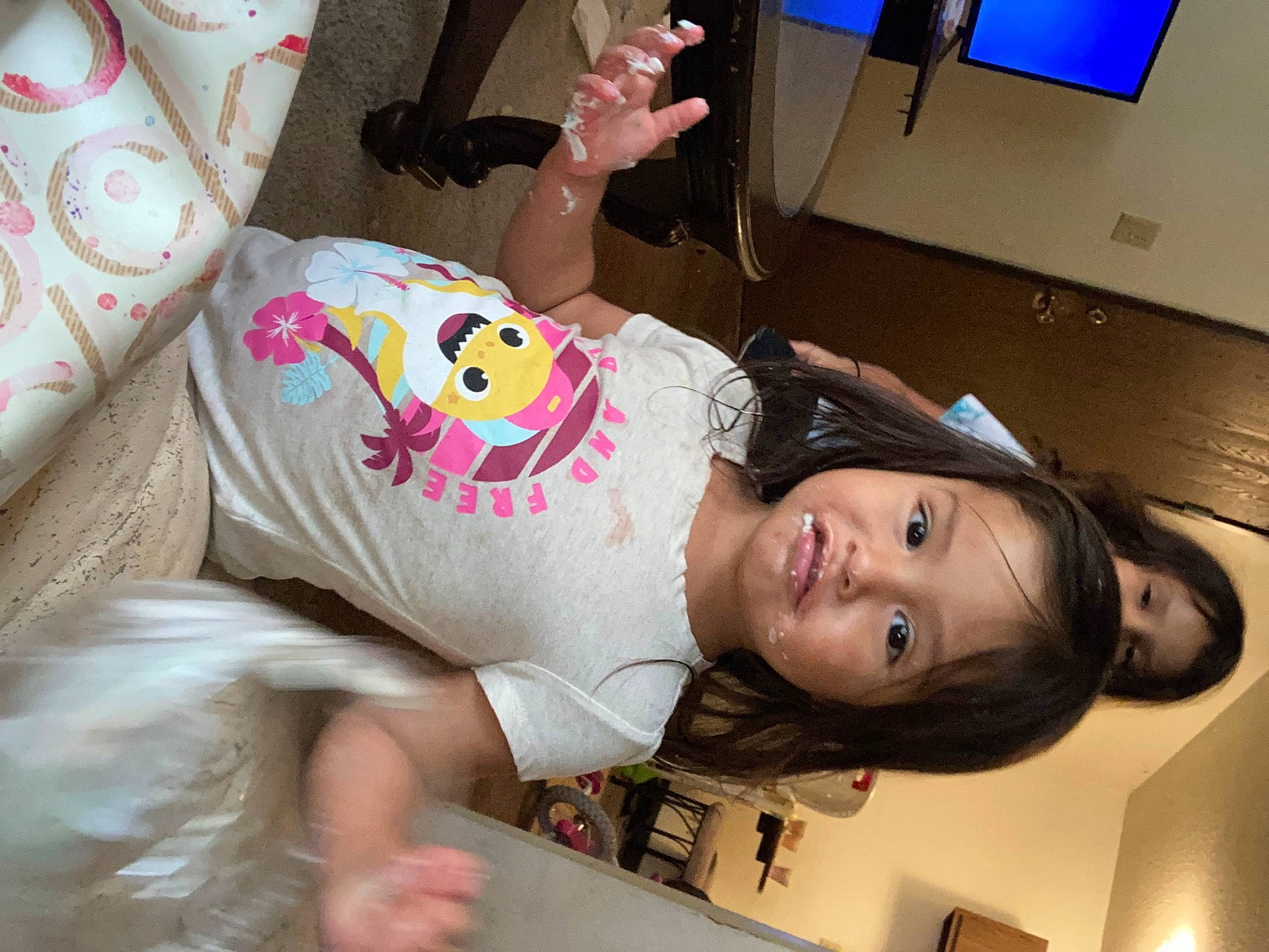 Leighlah joined the competition — help win amazing prizes! abdomen, black_hair, child, comfort, couch, eyelash, fun, happy, human_leg, leg, linens, makeover, mouth, person, room, skin, smile, thigh, throat, toy