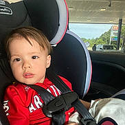 Ragna joined the competition — help win amazing prizes! toddler, child, car_seat, red_shirt, seatbelt, car_interior, window, gas_station, phillips_66, vehicle, safety, young_child, portrait, daylight, curious_expression, hair, face, person, seat, travel