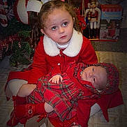 Lillymae joined the competition — help win amazing prizes! child, baby, christmas_tree, holiday, red_clothing, plaid, festive, decorations, indoor, carpet, portrait, cute, family, sitting, toy, nutcracker, bow, pigtails, infant, warm_lighting