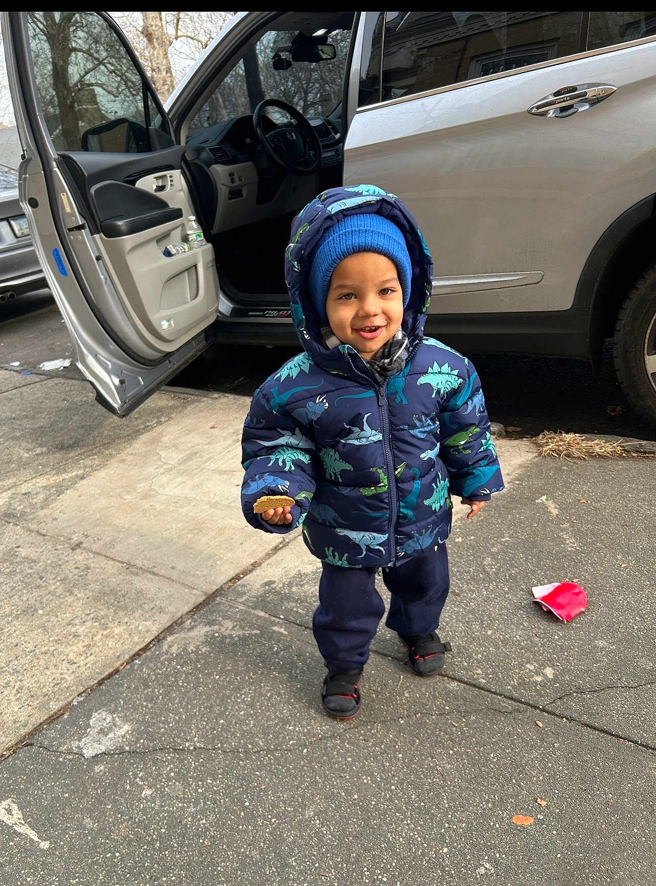 Jerickson is registered to the contest to win money with this photo: beanie, blue, car, casual, child, cookie, dinosaur_pattern, footwear, gray_car, happy, open_car_door, outdoor, puffer_jacket, sidewalk, smiling, street, toddler, urban, winter_clothing, young_child