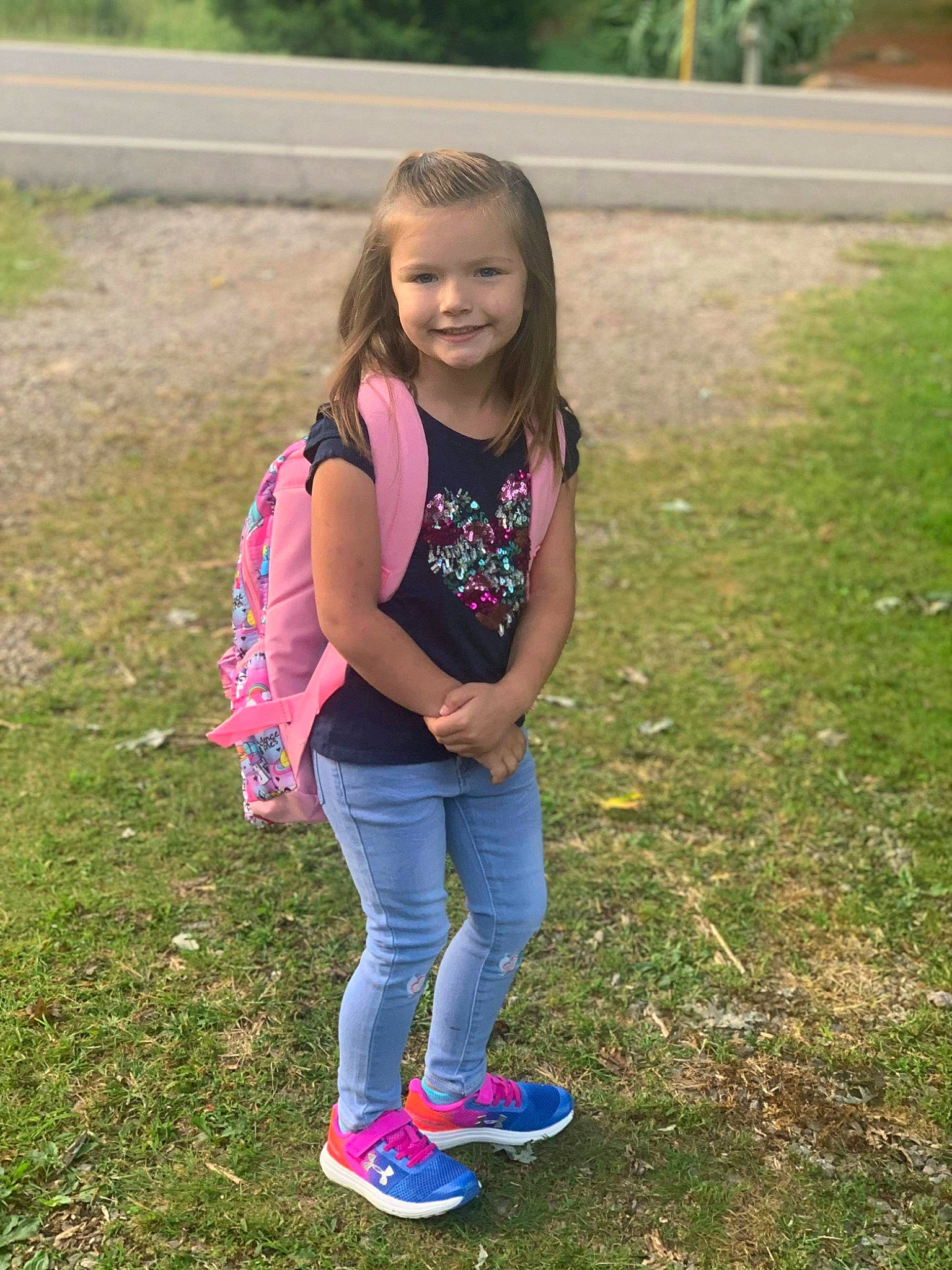 Brynlee joined the competition — help win amazing prizes! child, footwear, fun, grass, happy, jeans, joy, person, pink, plant, play, recreation, shoe, smile, style, summer, toddler, tree, vacation