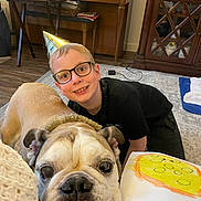 Cloud is registered to the contest to win money with this photo: boy, dog, bulldog, party_hat, glasses, smiling, indoor, carpet, drawing, table, cabinet, wooden_furniture, floor, happy, pet, child, celebration, cozy, portrait, home