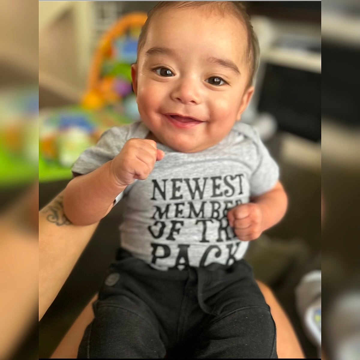 Ezekiel joined the competition — help win amazing prizes! arm, baby, babylaughing, bodypart, clothing, face, finger, hand, happy, head, laughing, mouth, pants, person, photography, portrait, smile, t_shirt, teeth, wrist