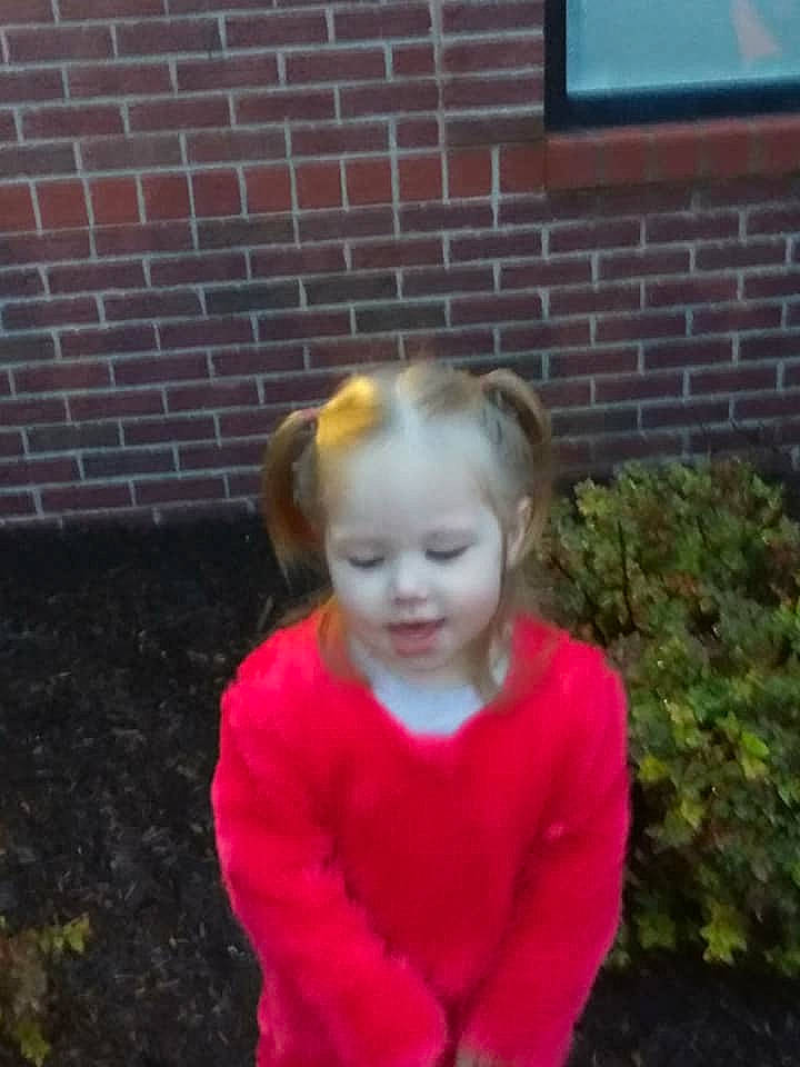 Arabellah is registered to the contest to win money with this photo: cheek, child, day, face, facial_expression, fun, girl, hair, head, human_hair_color, person, pink, plant, play, red, smile, textile, toddler