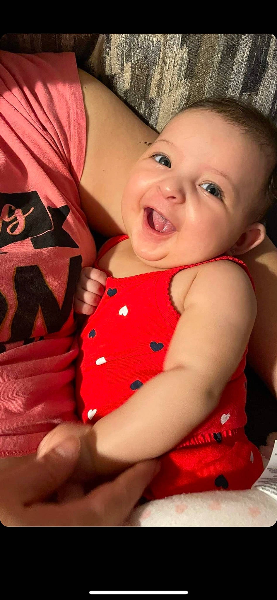 Alessandra is registered to the contest to win money with this photo: baby, baby_laughing, baby_products, baby_toddler_clothing, cheek, child, comfort, facial_expression, iris, laugh, lip, love, person, skin, toddler, tongue, tooth