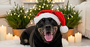 Stolas a rejoint le concours — aidez-le/la à gagner de superbes lots ! black_dog, bokeh, candles, centered_composition, christmas, cozy, dog, fairy_lights, festive_decor, holiday, indoor, living_room, pet_portrait, pine_plants, rug, santa_hat, smiling, soft_texture, tongue_out, warm_lighting