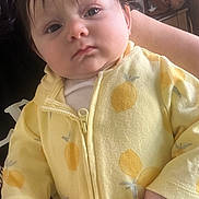 Nayeli is registered to the contest to win money with this photo: baby, child, face, yellow_jacket, lemon_pattern, hand, indoor, teddy_bear, person, clothing, soft_light, portrait, cute, infant, young_child, sleeve, fingertip, holding, expression, cozy