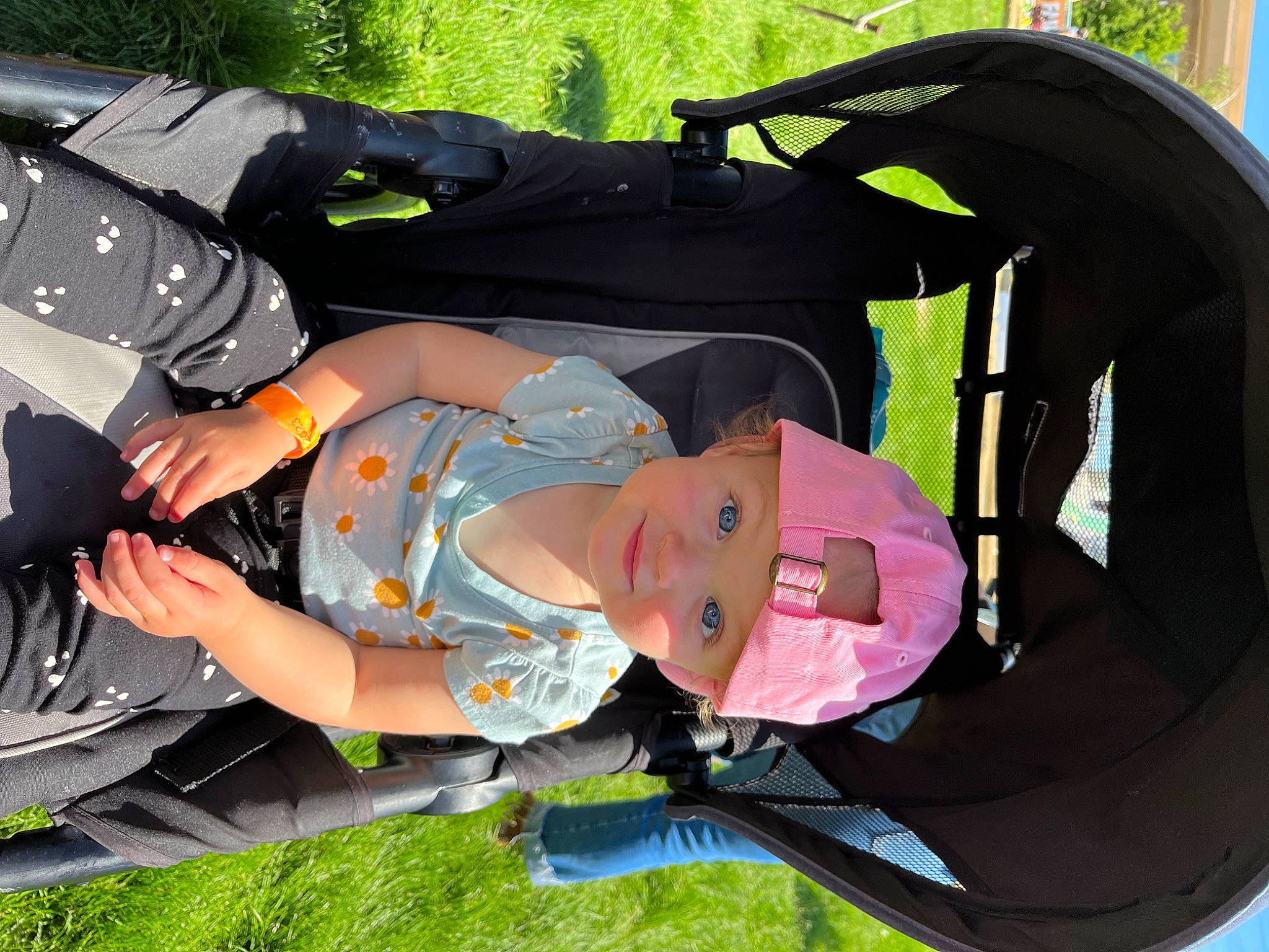 Camila is registered to the contest to win money with this photo: auto_part, automotive_exterior, baby, baby_products, bag, baggage, bumper, fun, grass, hat, headwear, leisure, luggage_and_bags, motor_vehicle, person, personal_protective_equipment, plant, recreation, smile, toddler