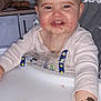 Cloé participe au concours pour gagner de l'argent avec cette photo : baby, child, high_chair, messy_face, food, crumbs, bracelet, smiling, indoor, kitchen, person, face, hand, clothing, table, sitting, cute, happy, young_child, feeding