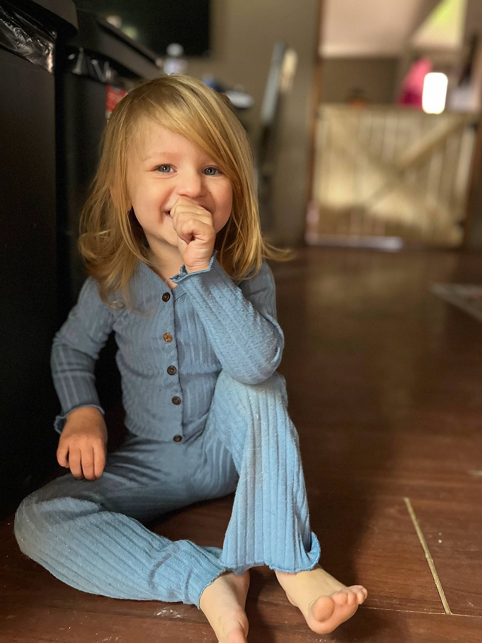 Ezlynn joined the competition — help win amazing prizes! baby_toddler_clothing, cheek, child, facial_expression, floor, flooring, fun, happy, hardwood, iris, jeans, joint, joy, leg, long_hair, person, shoulder, skin, sleeve, smile