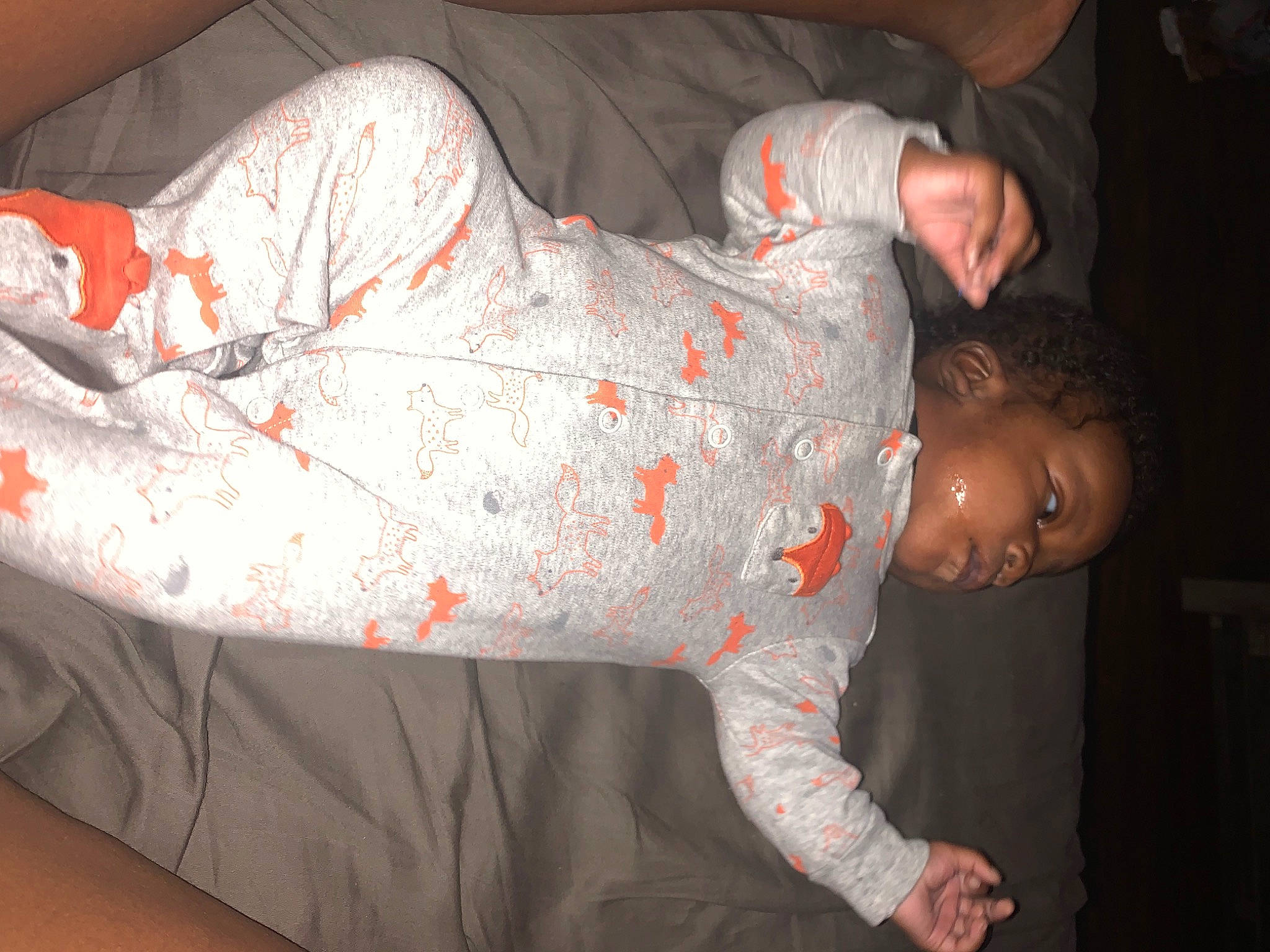 Kaiden is registered to the contest to win money with this photo: baby, baby_toddler_clothing, child, comfort, darkness, elbow, event, flash_photography, flesh, fun, human_leg, knee, lap, leg, mouth, person, sitting, sleeve, smile, thigh