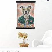 Bell joined the competition — help win amazing prizes! artwork, canvas, chair, dog, dried_flowers, floral, formalwear, hanging_art, home_decor, interior, mobile_screenshot, painting, portrait, product_listing, shopping_website, spectacles, text, tuxedo, vase, wall