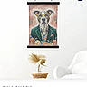 artwork, canvas, chair, dog, dried_flowers, floral, formalwear, hanging_art, home_decor, interior, mobile_screenshot, painting, portrait, product_listing, shopping_website, spectacles, text, tuxedo, vase, wall