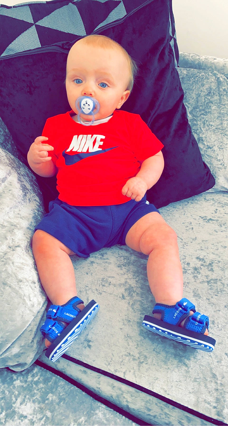 Arlo Jae joined the competition — help win amazing prizes! azure, baby, baby_toddler_clothing, blue, cool, electric_blue, happy, head, organ, person, red, shoe, shorts, sleeve, sneakers, sports_equipment, standing, surprise, t_shirt, toddler