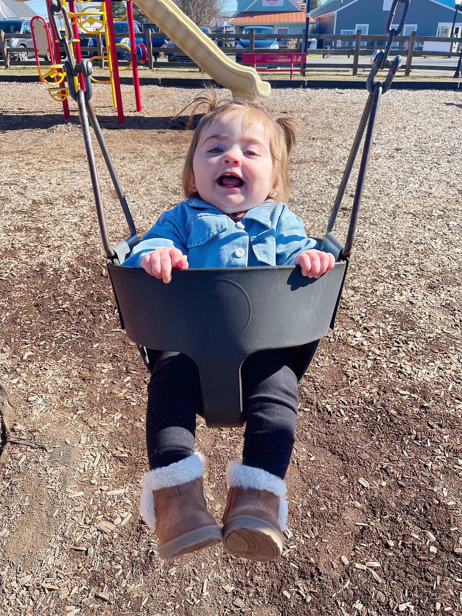 Kinsley joined the competition — help win amazing prizes! baby, baby_toddler_clothing, child, city, fun, grass, happy, leisure, outdoor_play_equipment, people, people_in_nature, person, plant, playground, public_space, recreation, sleeve, smile, swing, toddler
