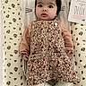 baby, infant, child, floral_pattern, blanket, dress, sweater, lying_down, face, curious, indoor, card, text, person, cute, young_child, head, clothing, pattern, soft_lighting
