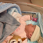 Eva participe au concours pour gagner de l'argent avec cette photo : newborn, baby, sleeping, blanket, hat, pacifier, bassinet, hospital, infant, cute, cozy, soft, plush_toy, child, peaceful, wrapped, bed, pink_clothing, knitted_hat, resting