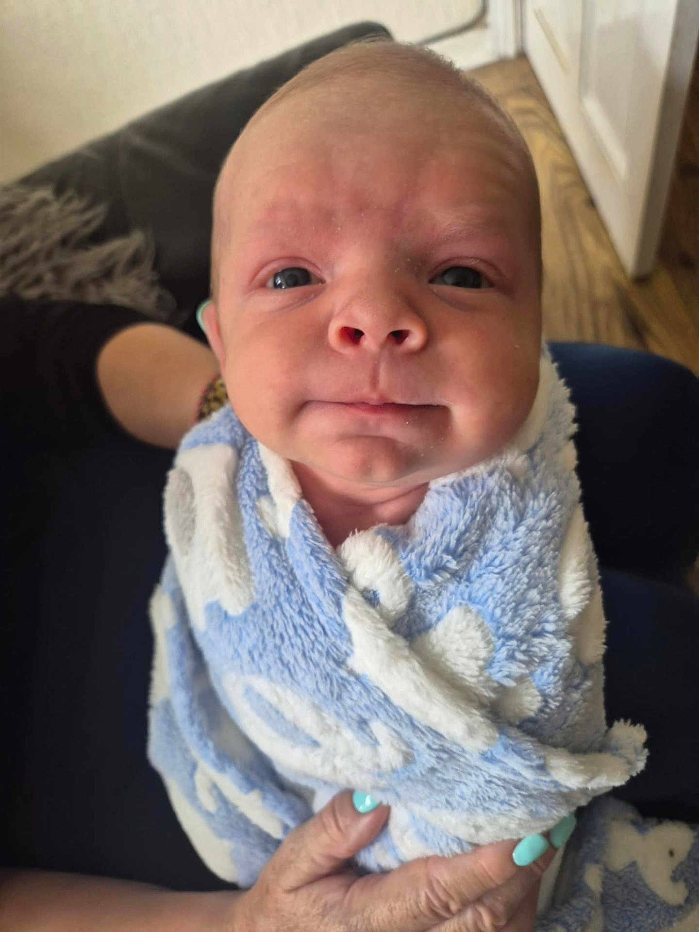 Logan is registered to the contest to win money with this photo: baby, infant, blanket, blue, white, wrapped, closeup, face, expression, hand, nail_polish, person, couch, pillow, indoor, floor, wood, skin, portrait, cute
