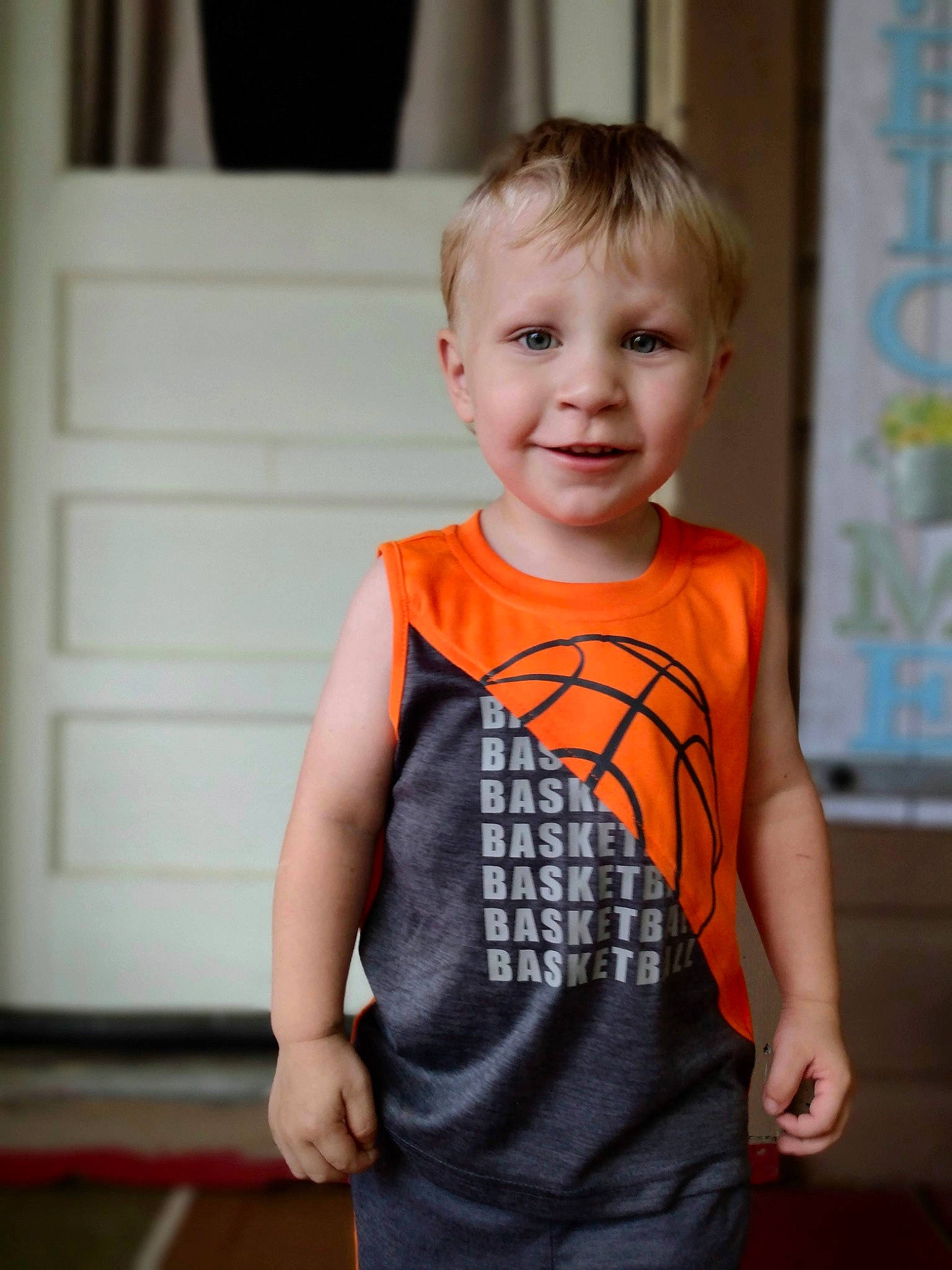 Aden joined the competition — help win amazing prizes! baby_toddler_clothing, clothing, denim, dress, electric_blue, facial_expression, hairstyle, happy, joint, joy, neck, orange, person, shoulder, sleeve, sleeveless_shirt, sportswear, street_fashion, t_shirt, toddler