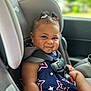 True is registered to the contest to win money with this photo: baby, child, car_seat, safety_harness, smile, face, hair_ties, pigtails, clothing, patterned_dress, star_pattern, seatbelt, car_interior, window, daylight, cute, portrait, infant, happy, person