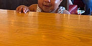 True is registered to the contest to win money with this photo: baby, child, smile, face, table, wood, restaurant, people, background, hair, polka_dot, clothing, indoor, seat, woman, casual, fun, cute, curly_hair, happy