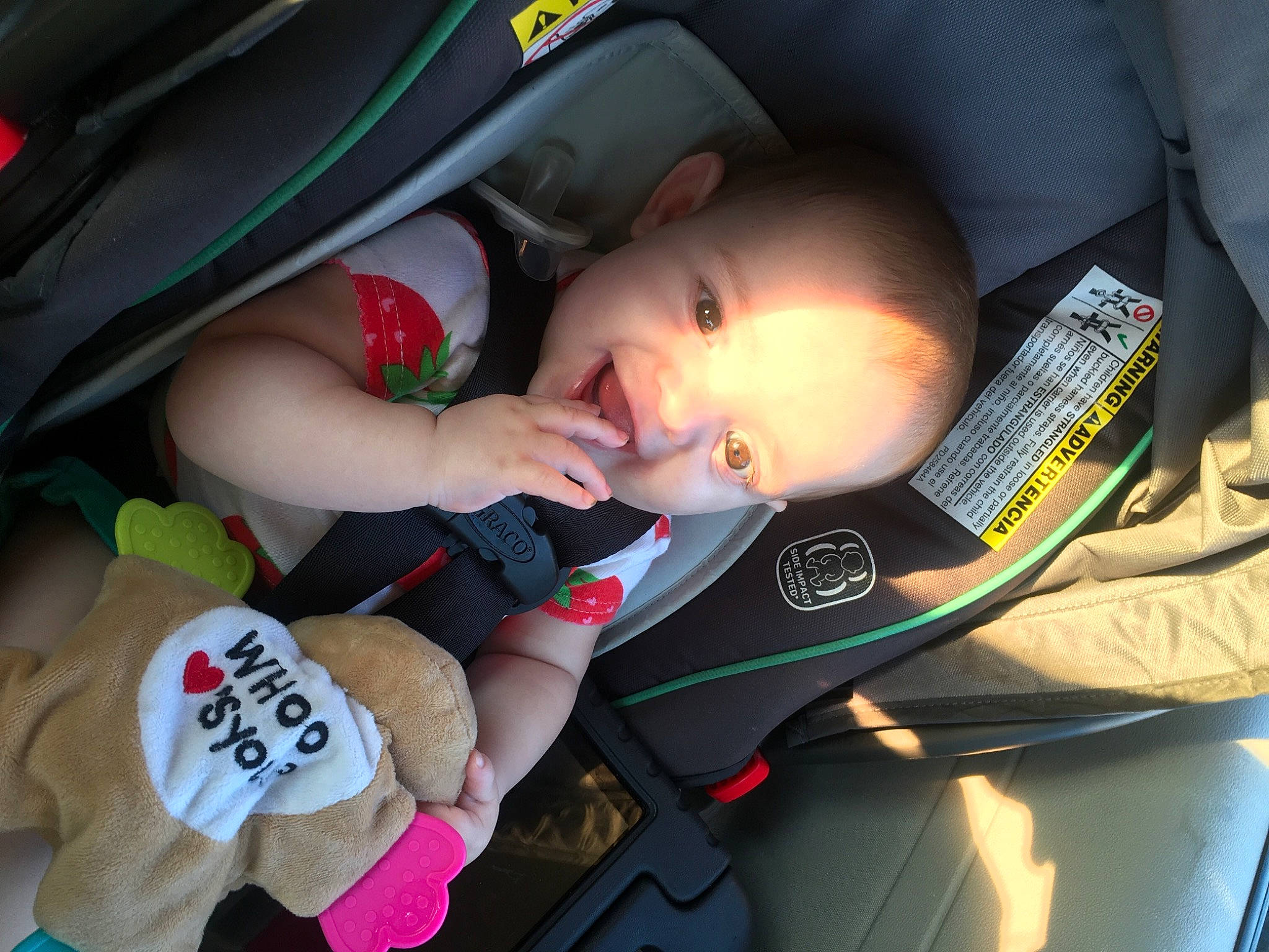 Mazie joined the competition — help win amazing prizes! auto_part, baby, baby_carriage, baby_in_car_seat, baby_products, bag, car_seat, car_seat_cover, carmine, child, comfort, family_car, finger, head_restraint, lap, nail, person, seat_belt, toddler, vehicle_door