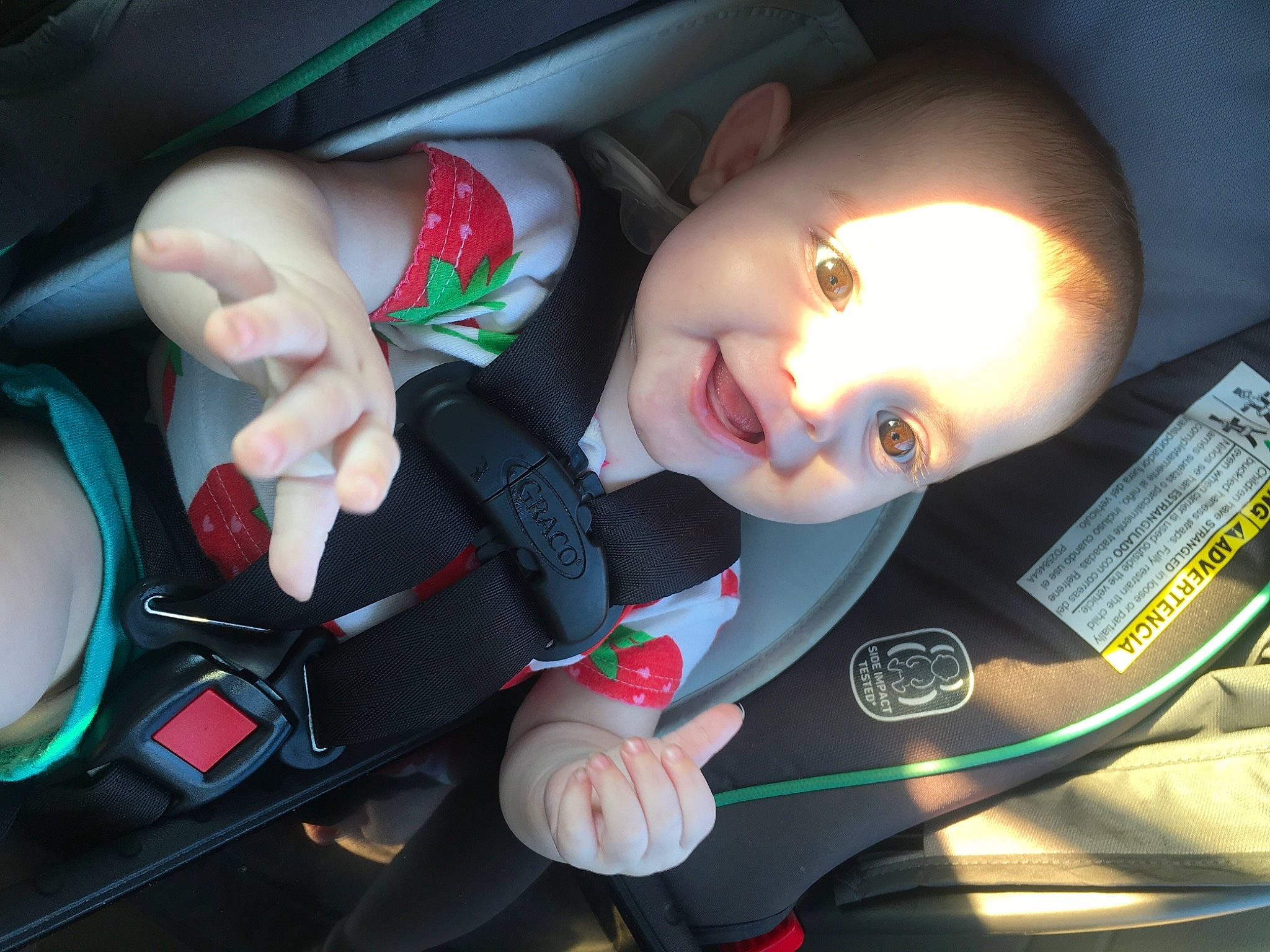 Mazie joined the competition — help win amazing prizes! auto_part, automotive_design, baby, baby_carriage, baby_in_car_seat, baby_products, car, car_seat, car_seat_cover, child, human_body, motor_vehicle, person, seat_belt, smile, steering_part, steering_wheel, toddler, vehicle, vehicle_door