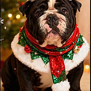 Sarge joined the competition — help win amazing prizes! bulldog, dog, santa_hat, christmas_scarf, holiday, festive, pet, indoors, carpet, christmas_tree, decorations, lights, cute, portrait, animal, black_and_white, seated, christmas, winter, seasonal