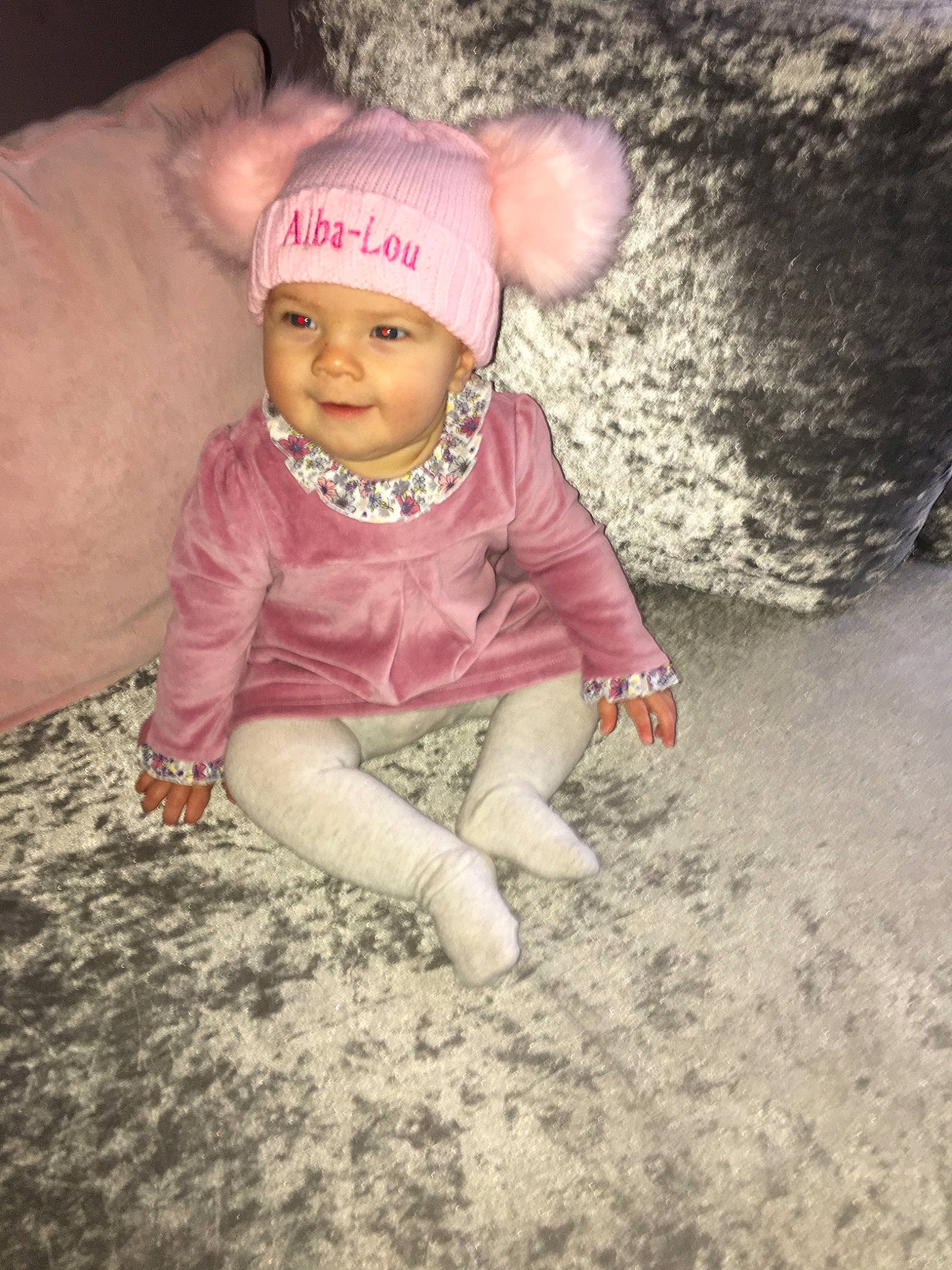 Alba joined the competition — help win amazing prizes! baby, cap, child, fun, head, headgear, headwear, person, pink, play, skin, smile, toddler