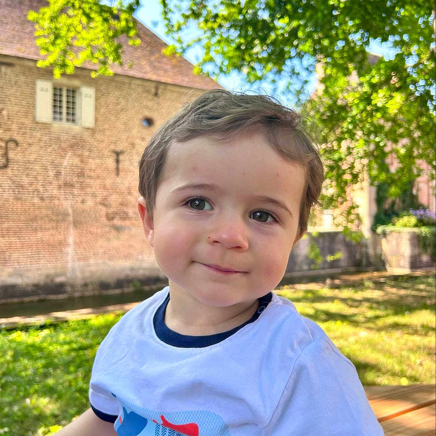Justin participe au concours pour gagner de l'argent avec cette photo : bench, blue, brick_building, casual_clothing, child, daylight, face, grass, happy, nature, outdoor, person, portrait, short_sleeve_shirt, smiling, sunlight, toddler, tree, white, young_child