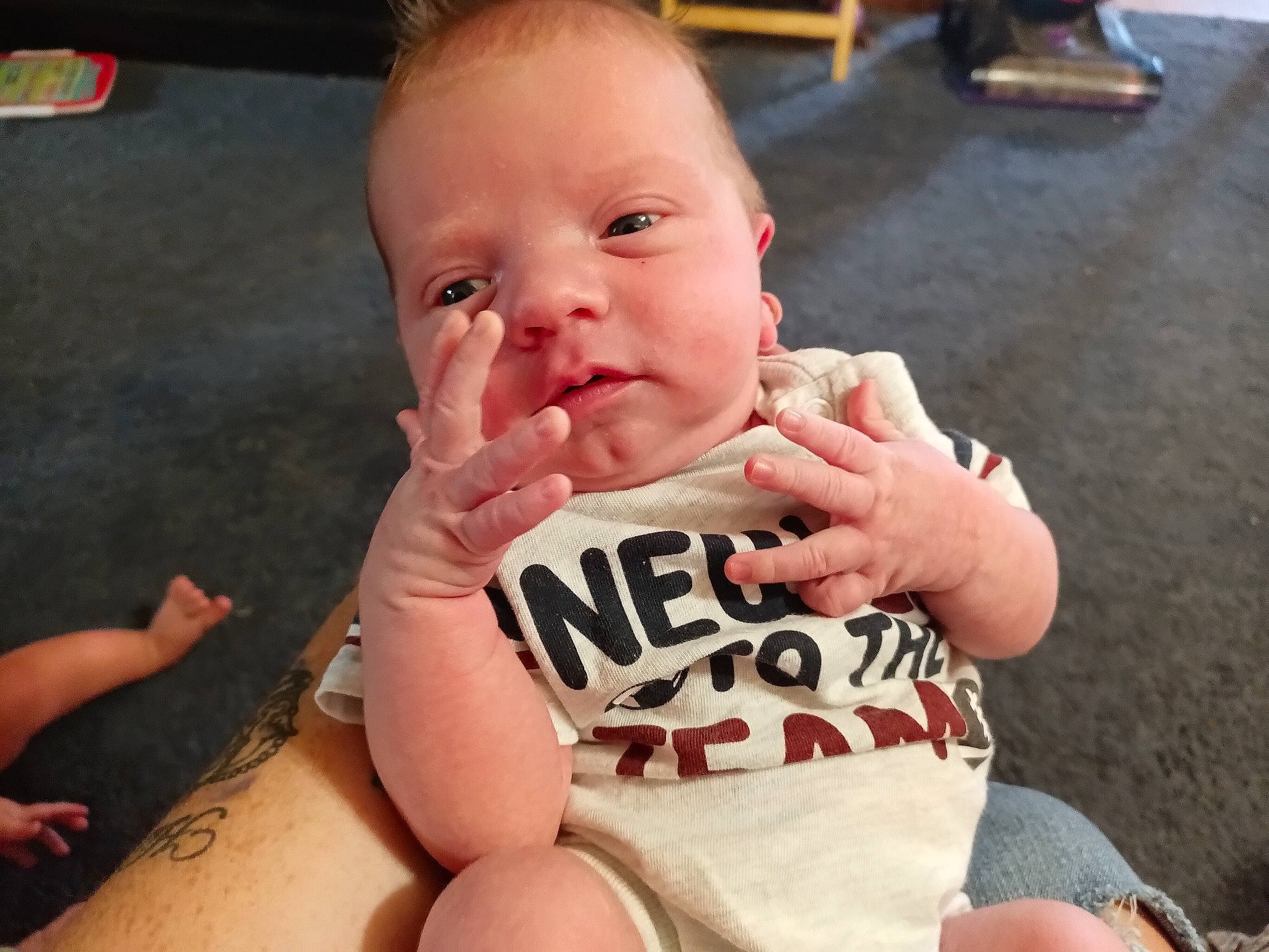 Ryker joined the competition — help win amazing prizes! baby, baby_toddler_clothing, cheek, chin, eye, face, finger, gesture, hand, happy, head, lip, mouth, neck, nose, person, skin, sleeve, smile, thumb
