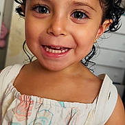 Sarabella is registered to the contest to win money with this photo: child, toddler, smile, curly_hair, dress, indoor, happy, girl, portrait, face, bow, clothing, cute, person, skin, eyes, young, fashion, hair, childhood