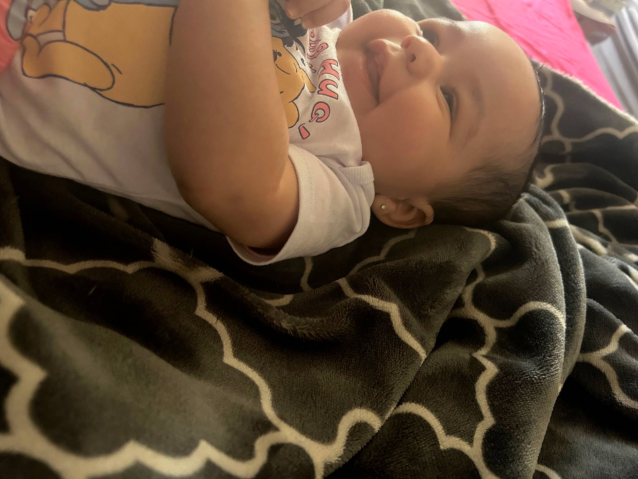 Kamille joined the competition — help win amazing prizes! abdomen, baby, baby_toddler_clothing, blanket, chest, child, comfort, elbow, eyelash, human_leg, linens, pattern, person, skin, sleep, sleeve, smile, thigh, toddler, wood