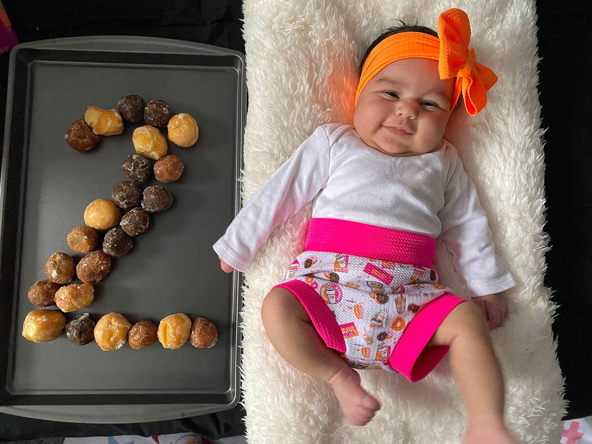 Kamille joined the competition — help win amazing prizes! baby, baby_toddler_clothing, cap, child, costume_hat, cuisine, food, happy, headwear, magenta, nuts_seeds, pattern, person, sitting, sleeve, smile, snack, still_life_photography, t_shirt, thigh