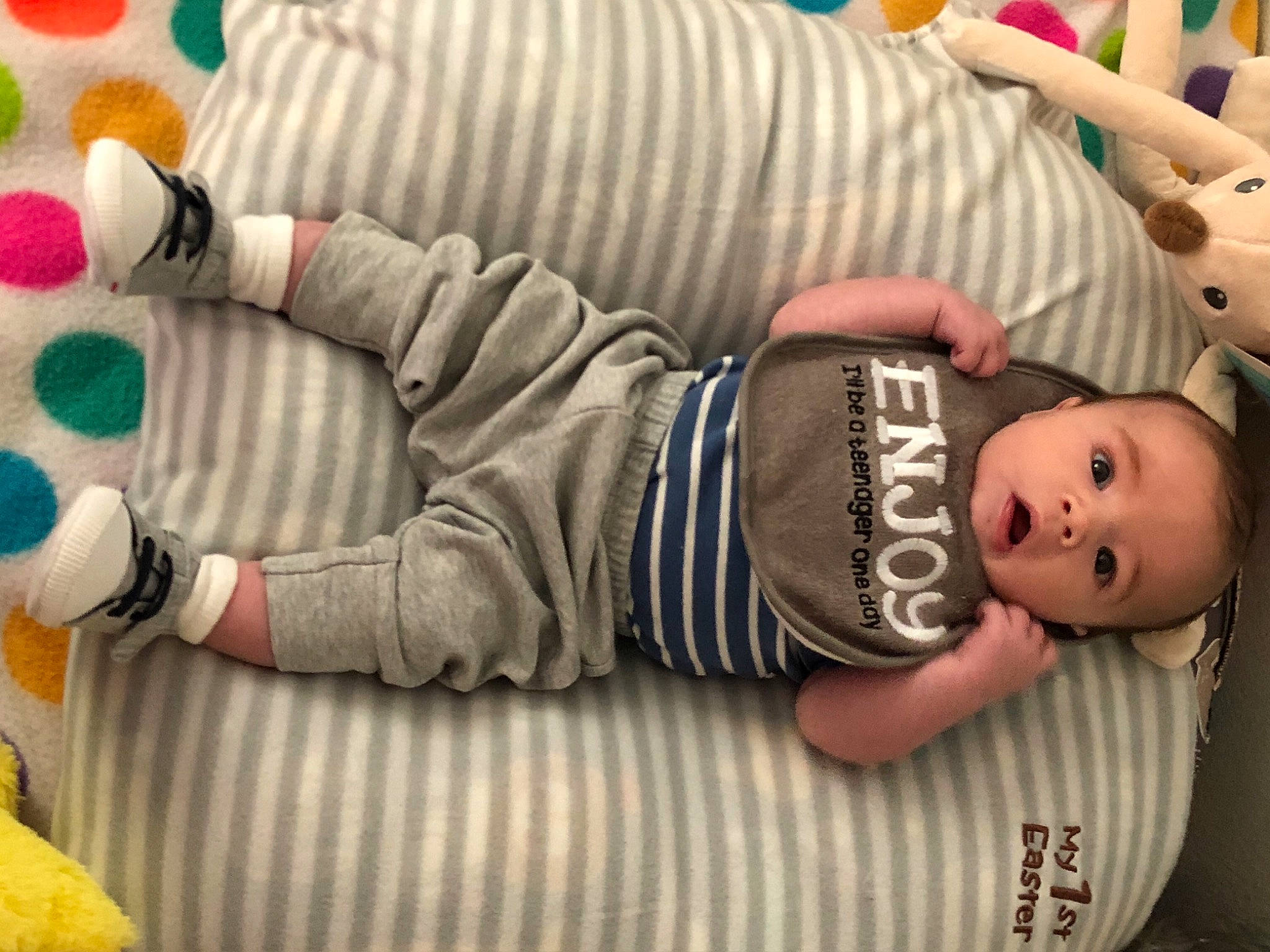 Remington joined the competition — help win amazing prizes! arm, baby, baby_products, baby_sleeping, baby_toddler_clothing, child, comfort, finger, hand, human, human_body, joint, mouth, pattern, person, product, sleeve, surprise, textile, toddler