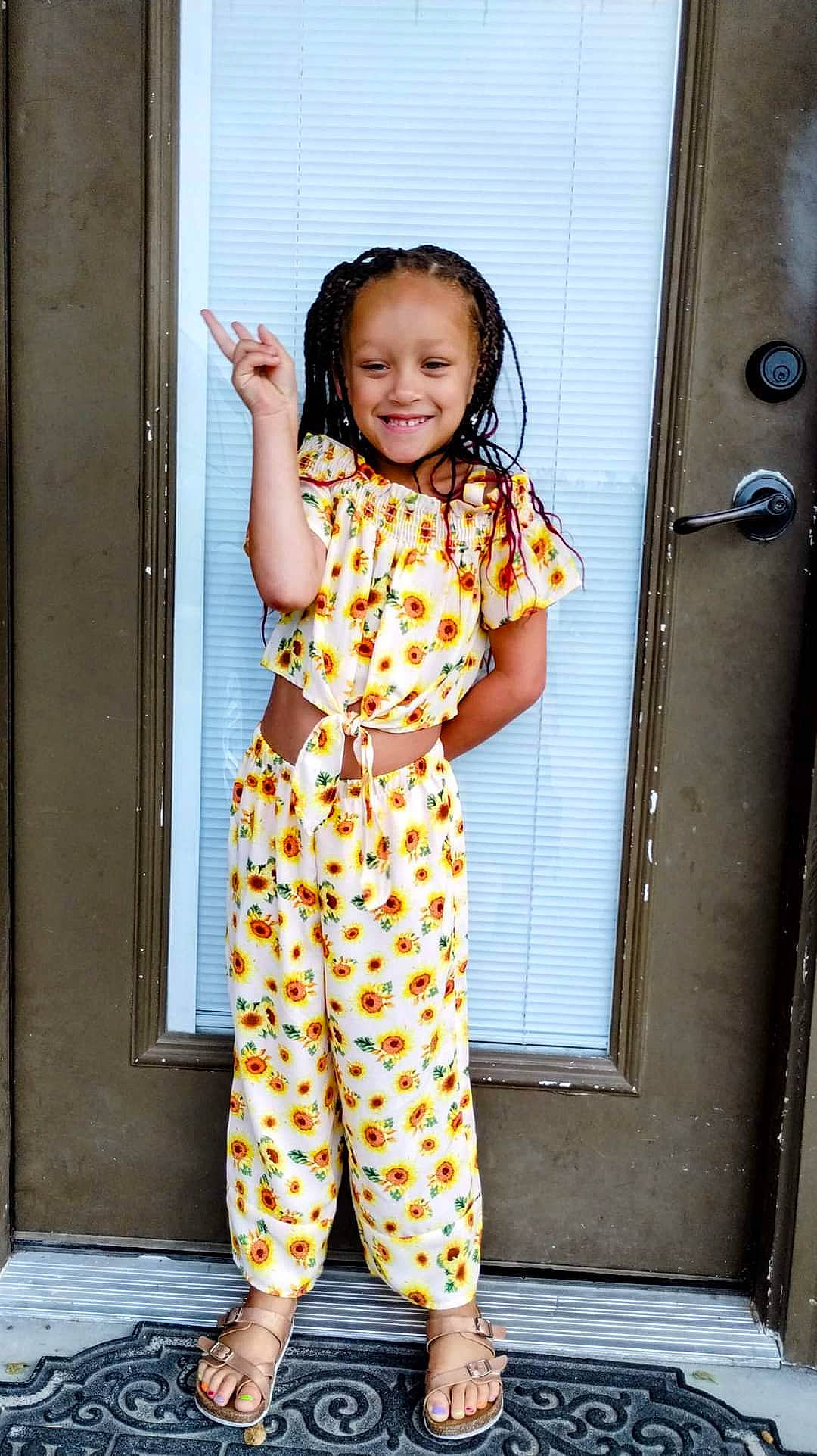 Malani joined the competition — help win amazing prizes! baby_toddler_clothing, child, collar, denim, door, electric_blue, fashion_design, fun, happy, human_leg, joy, pattern, peach, person, pocket, sleeve, smile, standing, thigh, toddler