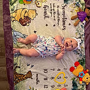 Zara joined the competition — help win amazing prizes! baby, child, smiling, lying_down, blanket, winnie_the_pooh, toy, headband, romper, floor, wood_floor, colorful, milestone_blanket, infant, happy, playful, clothing, portrait, indoors, cute