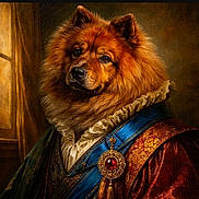 Omy a rejoint le concours — aidez-le/la à gagner de superbes lots ! animal_portrait, brooch, chow_chow, costume, curtain, dog, fancy, historical_style, indoor, jewel, luxury, majestic, noble, ornate_clothing, painting_style, portrait, red_fur, regal, ruffle_collar, window