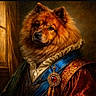 animal_portrait, brooch, chow_chow, costume, curtain, dog, fancy, historical_style, indoor, jewel, luxury, majestic, noble, ornate_clothing, painting_style, portrait, red_fur, regal, ruffle_collar, window