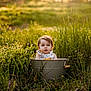 toddler, child, bucket, grass, field, outdoor, sunlight, nature, greenery, portrait, baby, daylight, summer, young_child, cute, innocent, metal_bucket, curious, sitting, golden_hour