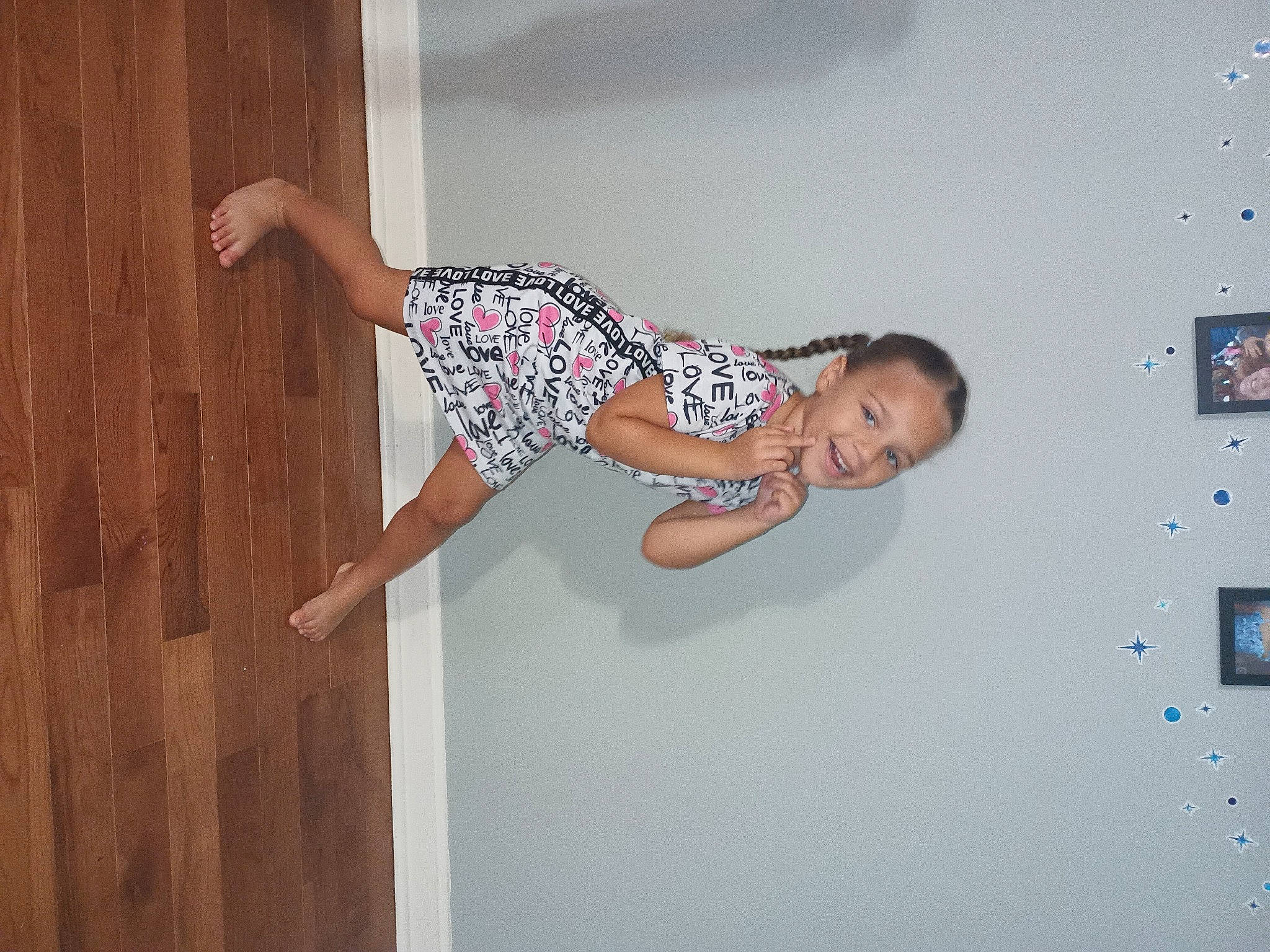 Destiny joined the competition — help win amazing prizes! balance, child, elbow, flooring, fun, gesture, happy, hardwood, human_leg, joy, knee, one_piece_garment, pattern, person, room, sleeve, stairs, thigh, toddler, waist