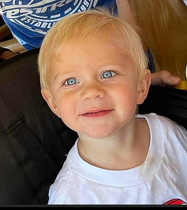 Grayson is registered to the contest to win money with this photo: baby, baby_toddler_clothing, blond, cheek, child, chin, cool, electric_blue, eyebrow, eyelash, fun, happy, head, iris, joy, neck, nose, person, sleeve, smile