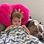toddler, dog, blanket, pink_pillow, couch, indoor, resting, sleeping_dog, child, comfort, friendship, relaxation, patterned_blanket, snuggling, pet, cozy, home, fur, peaceful, portrait