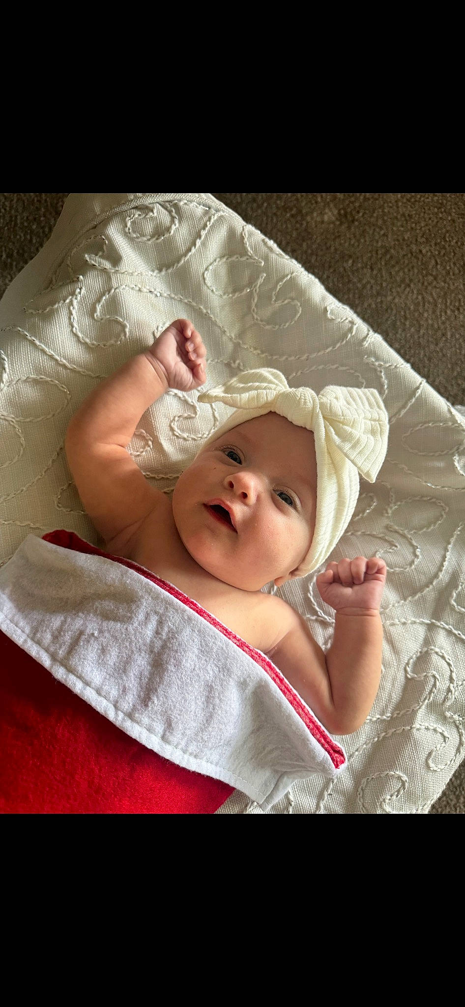 Allison is registered to the contest to win money with this photo: baby, baby_products, baby_sleeping, baby_toddler_clothing, cheek, child, comfort, eye, fashion_accessory, flash_photography, hand, headgear, headwear, linens, lip, pattern, person, portrait_photography, room, skin