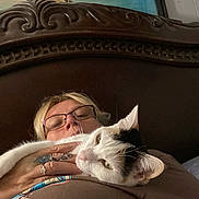 Lil Girl joined the competition — help win amazing prizes! animal, bed, black_markings, brown_shirt, cat, closeup, cozy, glasses, hand, headboard, indoor, painting, person, portrait, relaxing, resting, ring, tattoo, tropical_painting, white_cat