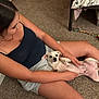 Scout is registered to the contest to win money with this photo: woman, dog, indoor, carpet, pet, relaxed, sitting, toy, bed, floor, casual_clothing, shorts, tank_top, light_skin, small_dog, white_dog, pet_toy, home, comfort, animal