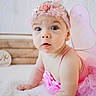 Isabella joined the competition — help win amazing prizes! baby, infant, pink, fairy_wings, headband, flower, cute, portrait, costume, soft_blanket, closeup, child, indoors, adorable, tutu, face, expression, crawling, skin, person