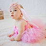 Isabella joined the competition — help win amazing prizes! baby, infant, pink_dress, fairy_wings, headband, flower_headband, tutu, soft_surface, white_background, cute, child, portrait, indoors, costume, lying_down, curious, young_child, small_hands, baby_clothes, adorable